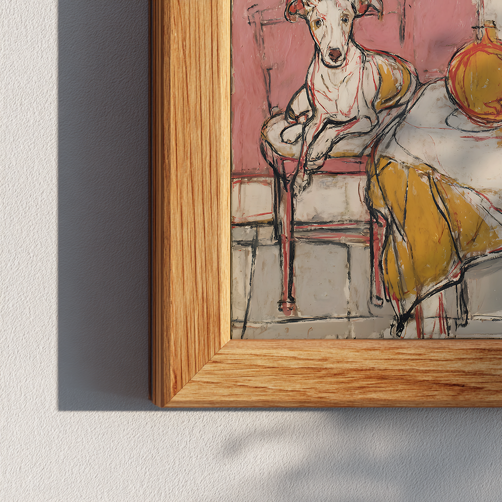 Close-up of whippet dog art print in wooden frame, highlighting texture and handmade brush details.