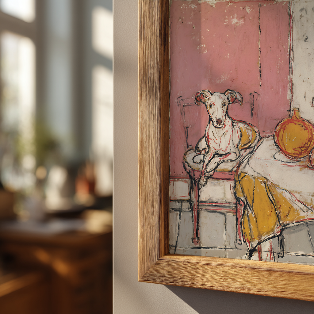 Detailed corner view of wooden frame around whippet dog art print, showing fine texture and finish.