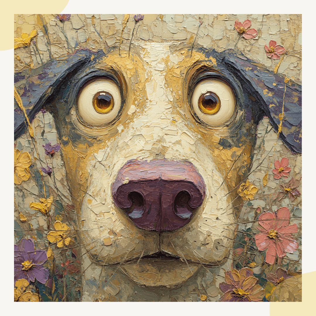 Artistic depiction of a dog's face with a textured background and flowers