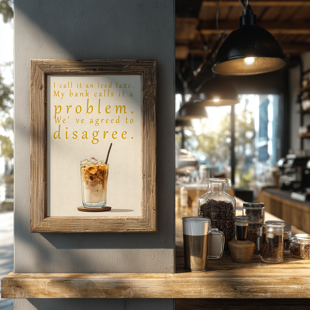 Witty ice coffee poster displayed in coffee shop interior as commercial wall art decor