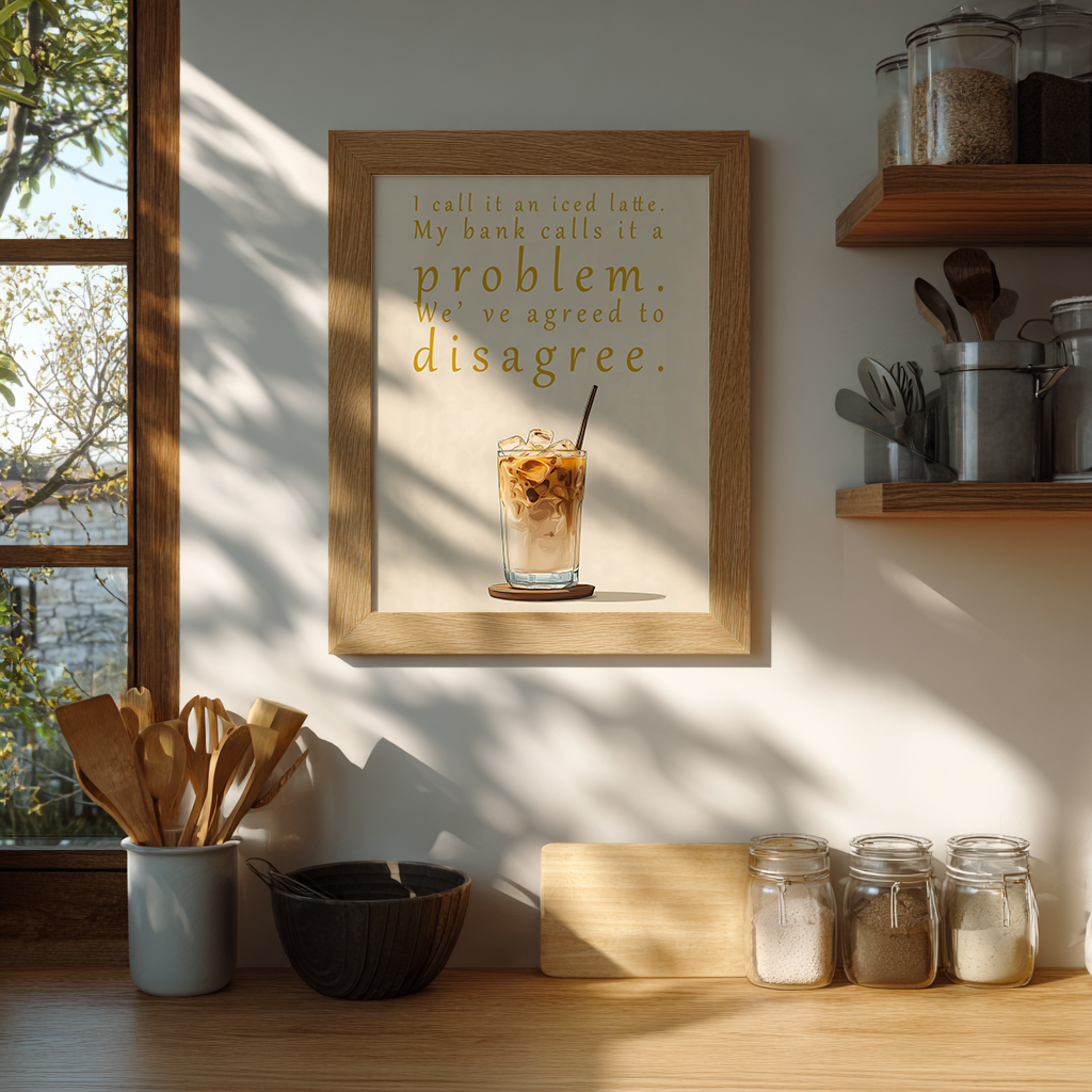 Framed print with a humorous quote on a kitchen wall with sunlight filtering through.