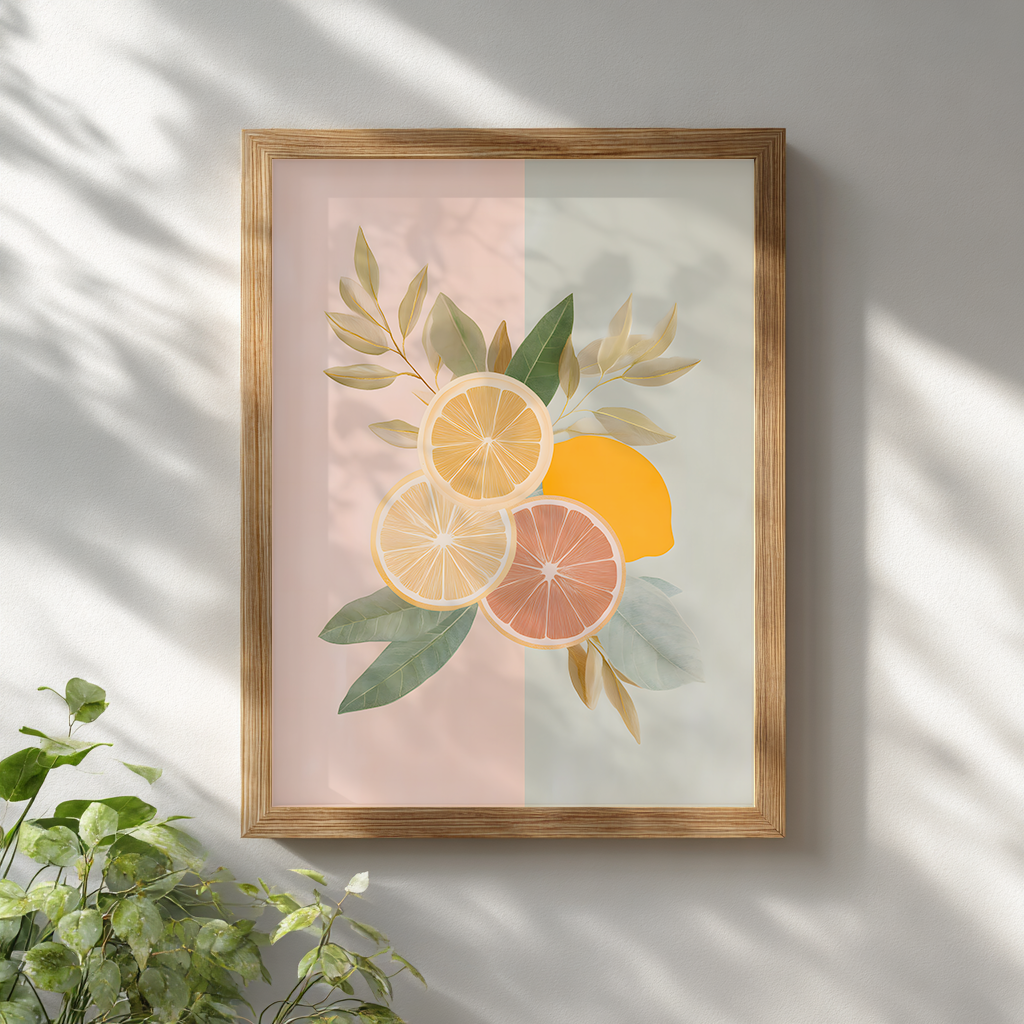 Mediterranean pastel lemon illustration in a light wooden frame on a white wall, pastel citrus wall art for modern minimalist decor