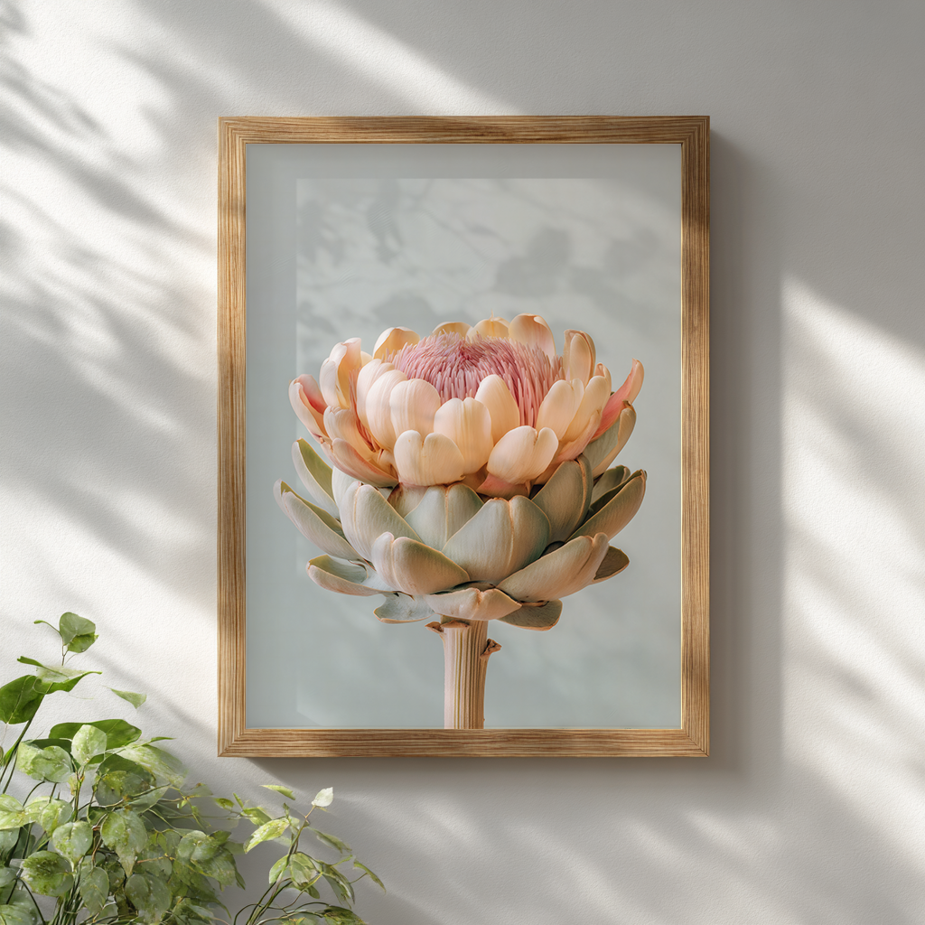 pastel artichoke print in wooden frame against white wall with natural light