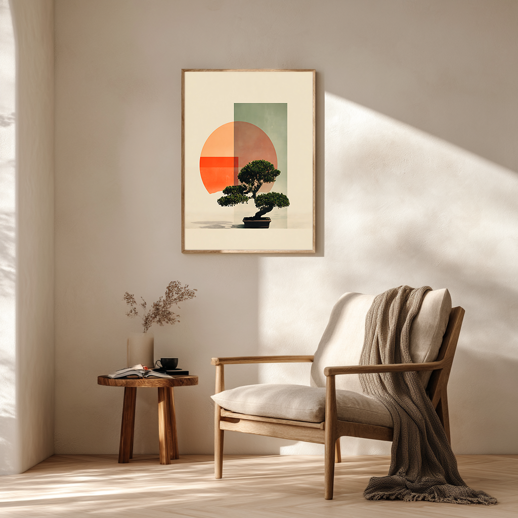 Zen bonsai wall art poster featuring geometric Japanese design displayed in cozy reading nook with natural lighting and modern decor