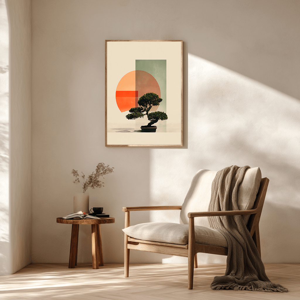 Zen bonsai wall art poster featuring geometric Japanese design displayed in cozy reading nook with natural lighting and modern decor