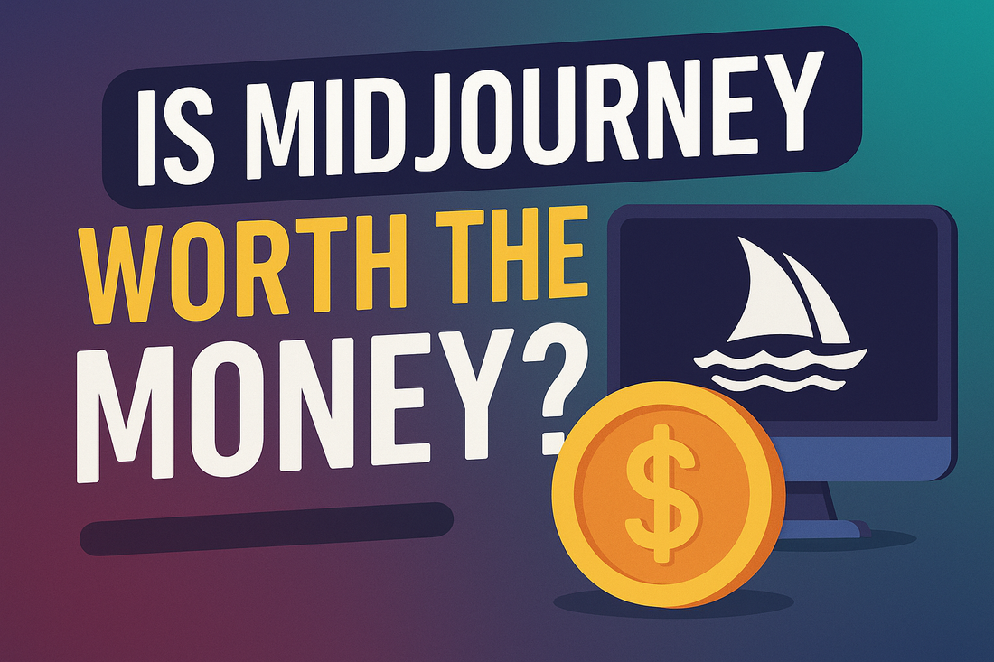 Bold blog graphic with the text “Is Midjourney Worth The Money?” beside a dollar sign money token and Midjourney logo, used as