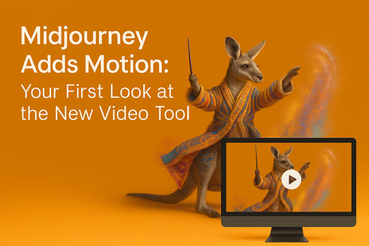 Illustration of a kangaroo casting motion with a wand, showcasing MidJourney's new video animation tool, with a play icon on a