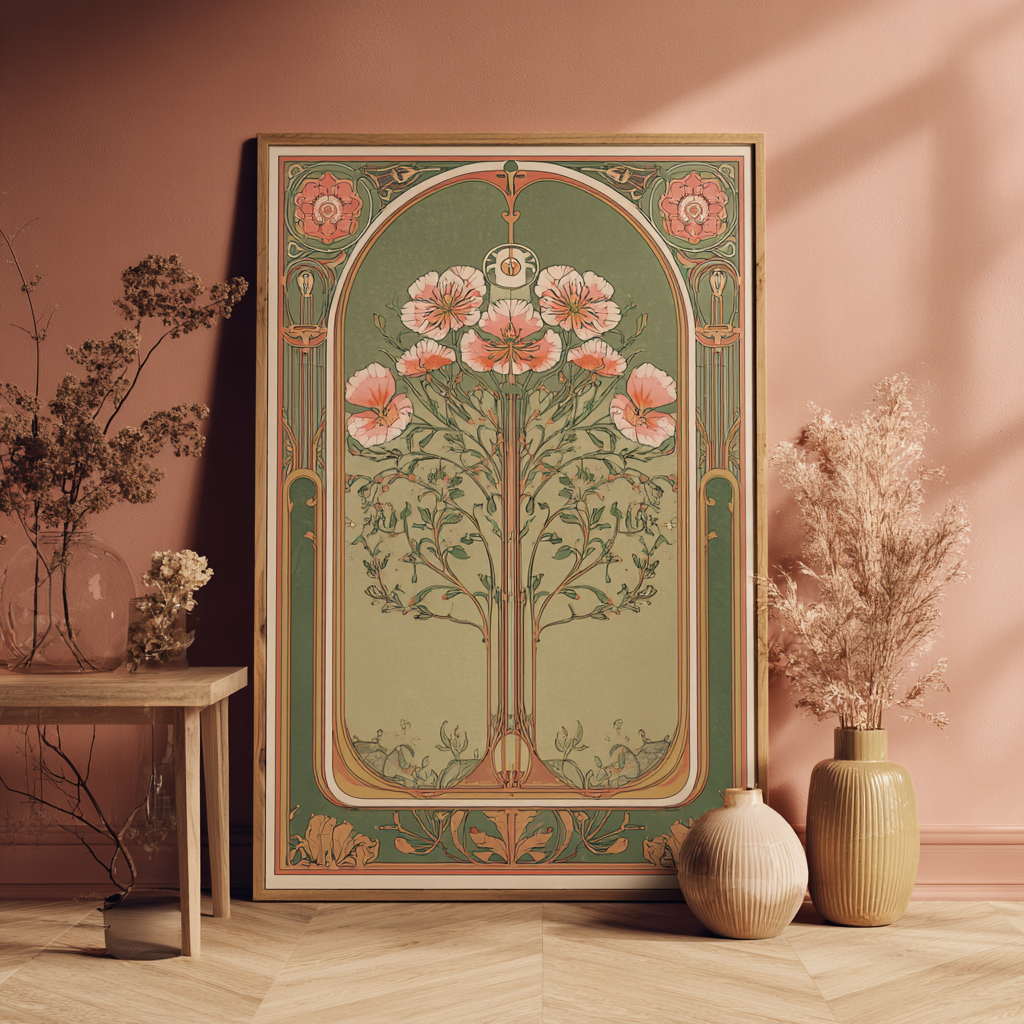 Art Nouveau AI-generated poster featuring symmetrical floral design in pink and green tones, framed and styled against a warm interior with natural decor.