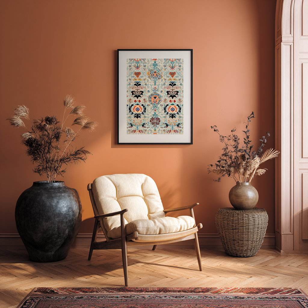 Bohemian-style AI-generated poster with a colourful symmetrical floral pattern, framed and displayed against a terracotta wall with natural rustic decor.