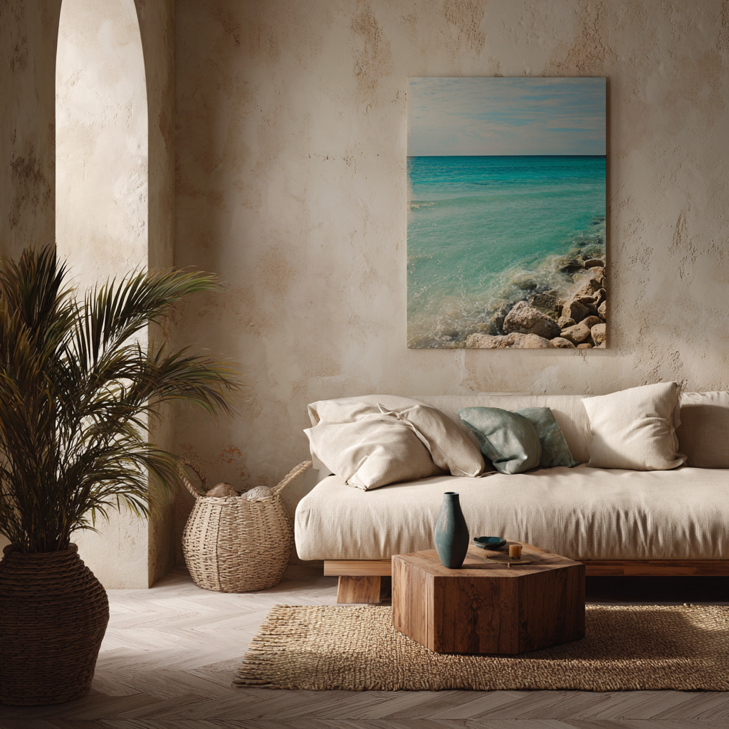 Coastal AI-generated poster featuring a turquoise seascape with rocky shoreline, framed and displayed in a beach-inspired interior with natural decor.