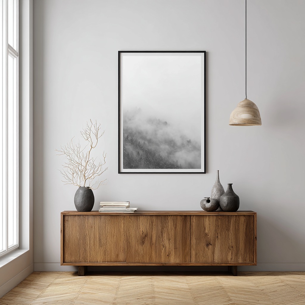 Minimalist black and white poster featuring a foggy forest landscape, framed and displayed in a modern interior with natural wood and neutral decor.