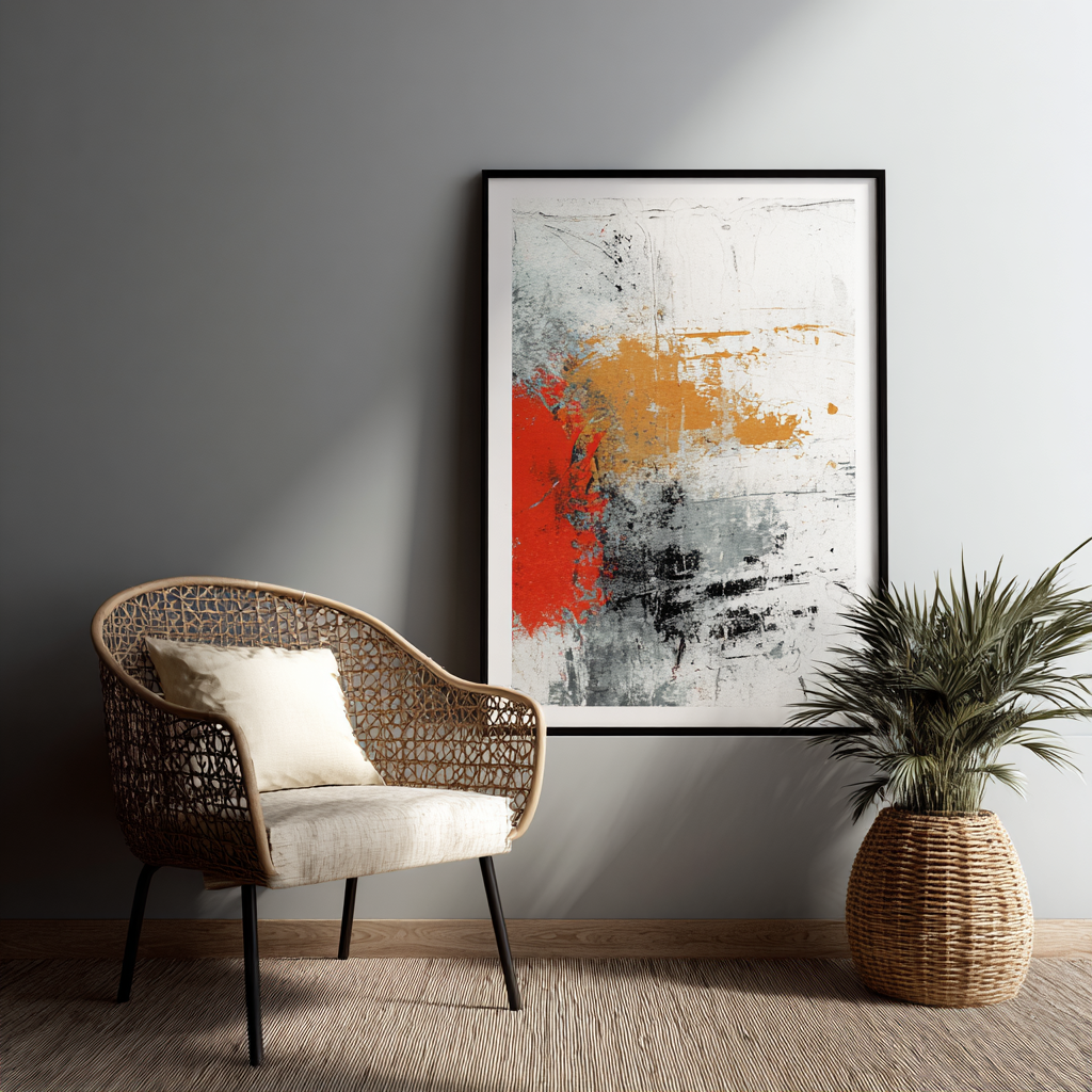 Contemporary abstract AI-generated poster with bold red, mustard, and black brushstrokes, framed and displayed in a modern room with rattan furniture.