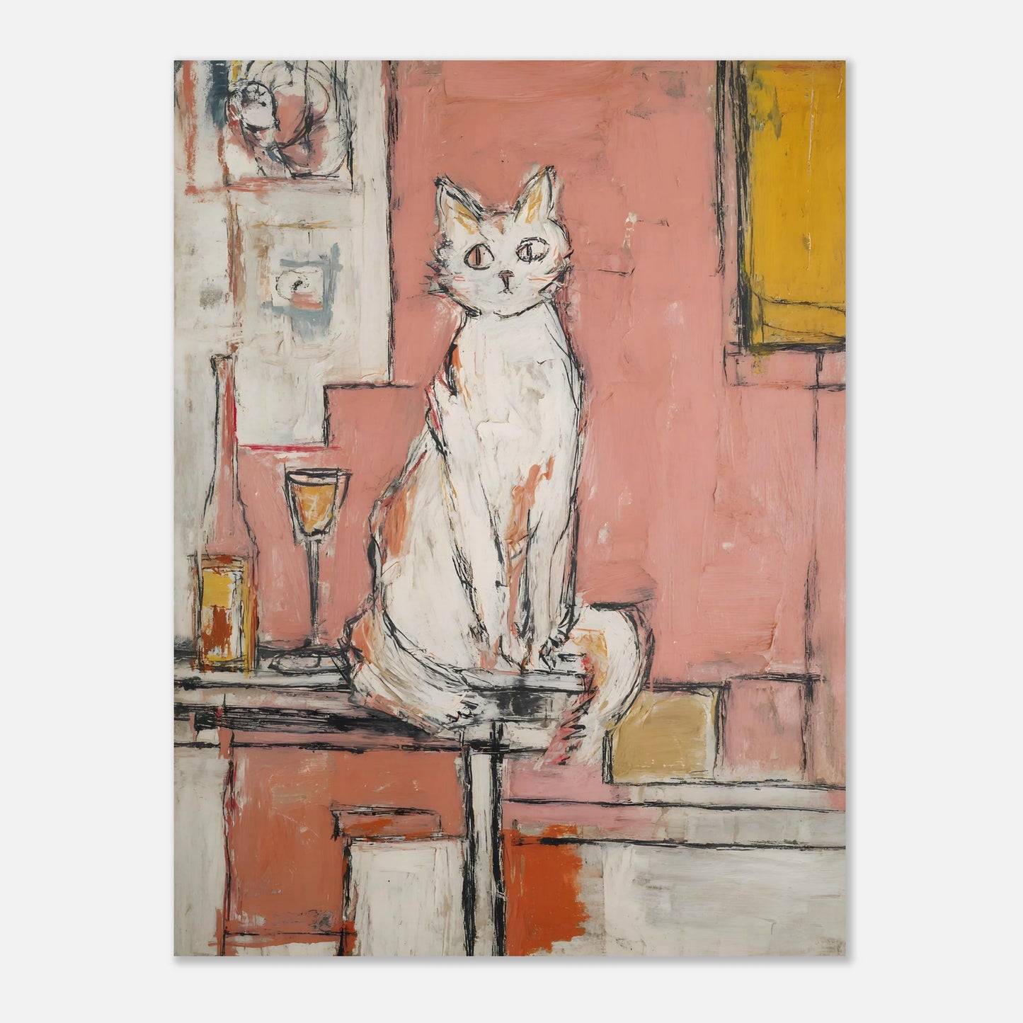 12x16 modern cat and wine art print with pink and mustard colour blocks, size variation mockup