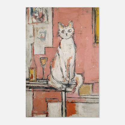 Extra large 24x36 inch cat and wine abstract art poster, statement wall piece for living room or studio