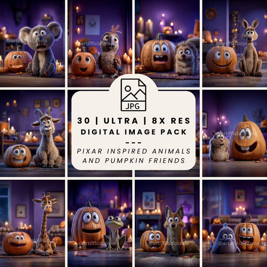 8K Pixar-style digital image bundle front cover showing whimsical animals and pumpkins for printable wall art and decor.