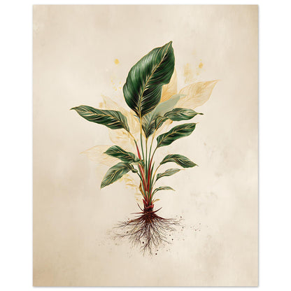 Botanical illustration of a plant with green leaves and roots on a beige background