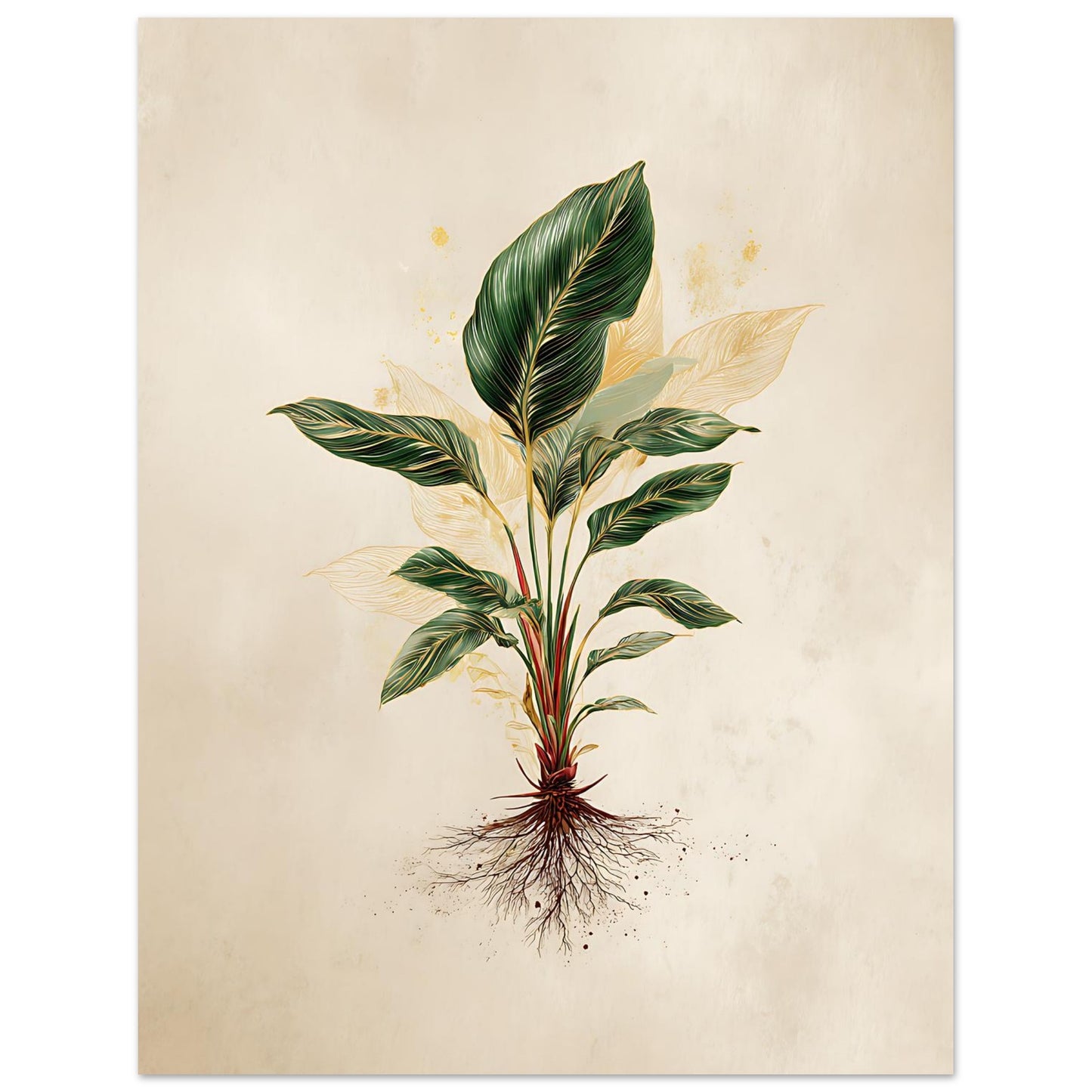 Botanical illustration of a plant with green leaves and roots on a beige background - variation 4