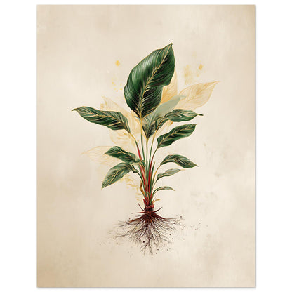 Botanical illustration of a plant with green leaves and roots on a beige background - variation 4