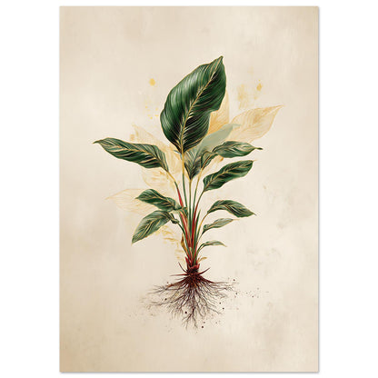 Botanical illustration of a plant with green leaves and roots on a beige background - variation 7