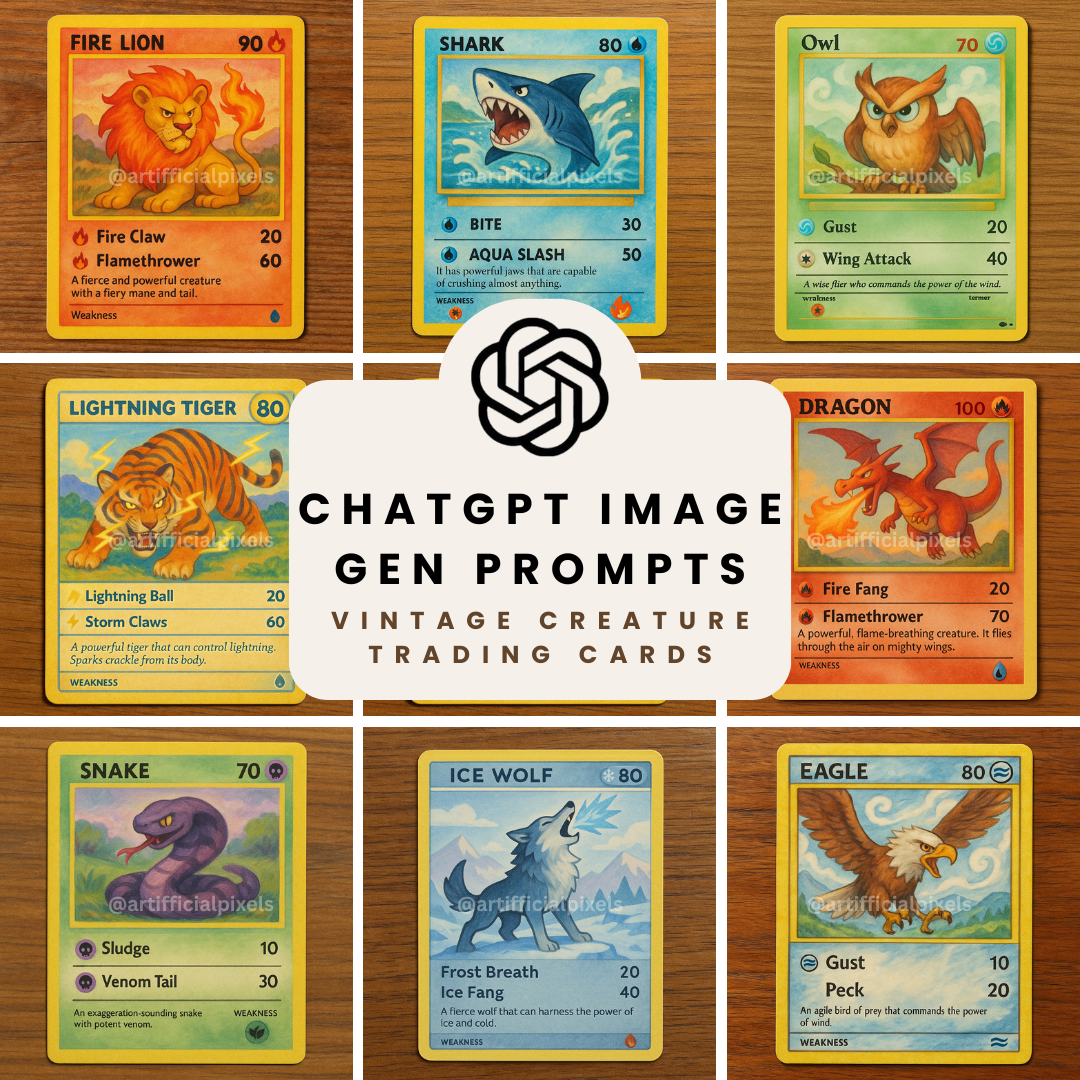 Pokémon-Style Creature Cards AI Art Prompts – ChatGPT Pack with Images