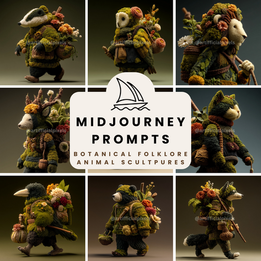 Midjourney Prompt Base Pack: Botanical Folklore Animal Wanderers