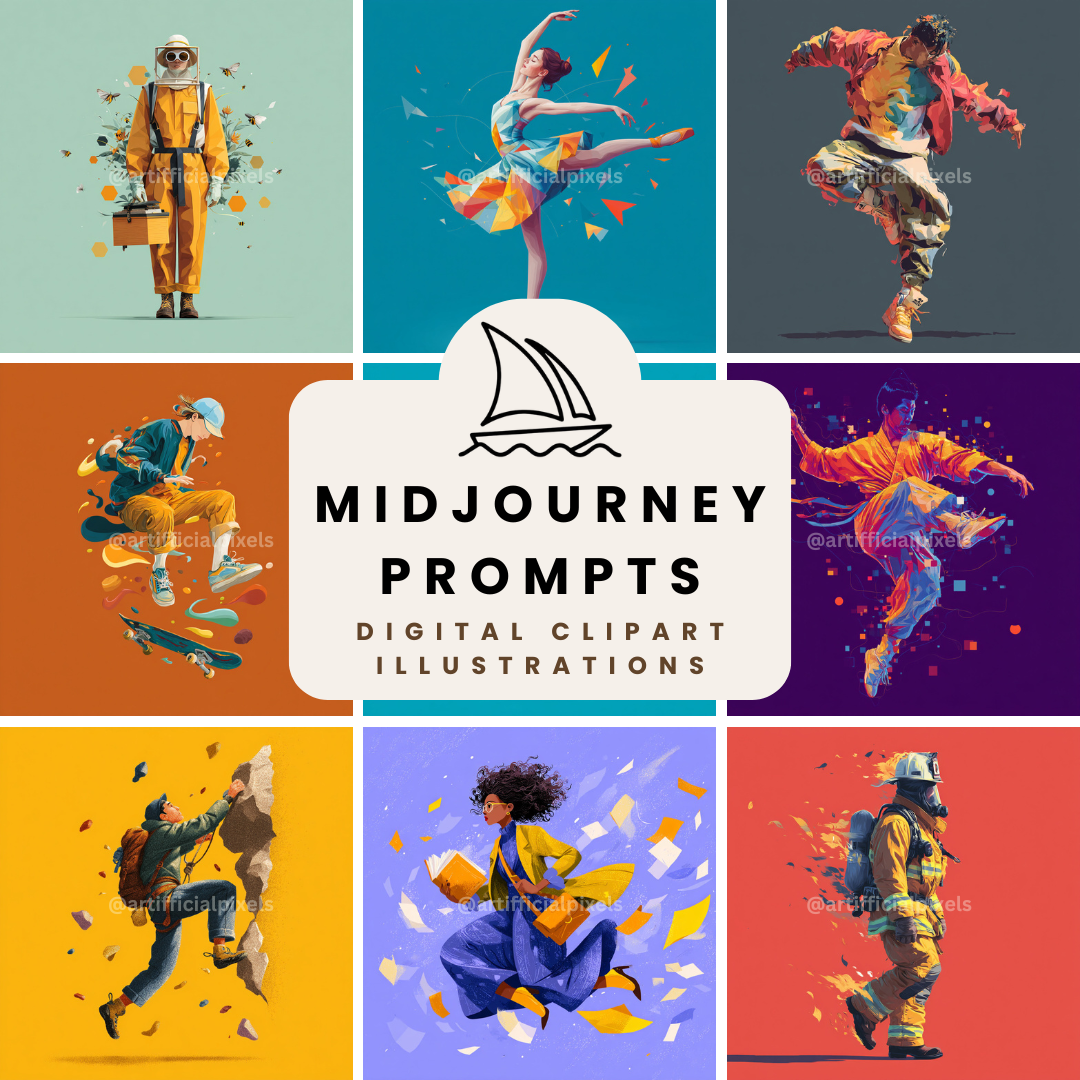 Bold Clipart Style Digital AI Art Prompts – Midjourney Pack with Images