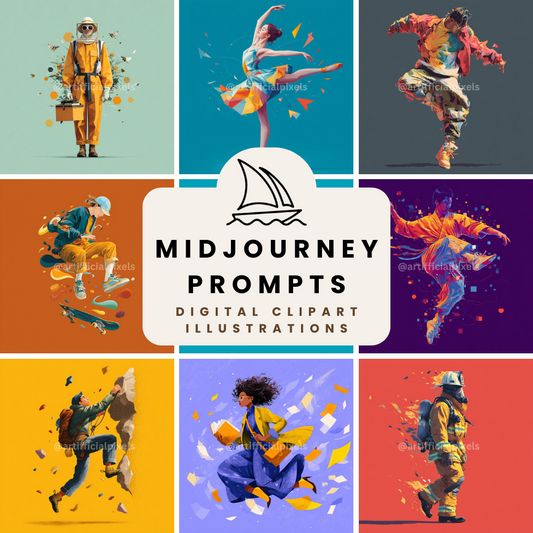 Bold Clipart Style Digital AI Art Prompts – Midjourney Pack with Images