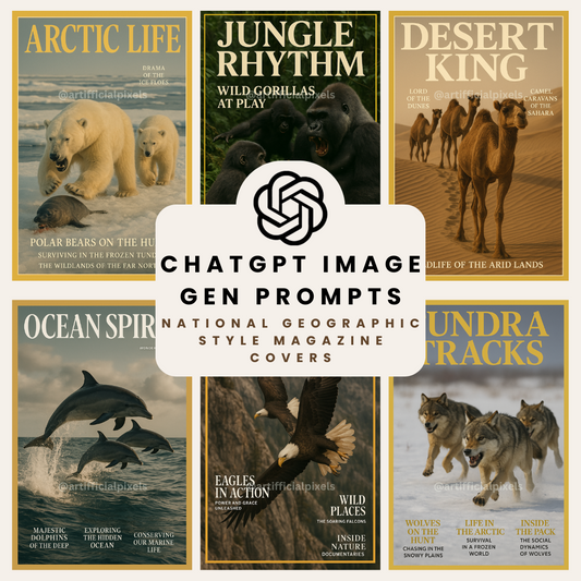 Cinematic Wildlife Magazine Poster AI Art Generator – Midjourney Prompt Pack with Images