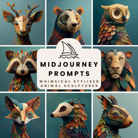 Whimsical Stylised Animal Sculptures AI Art Prompts – Midjourney Pack with Images