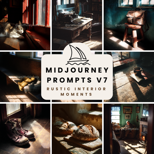 Rustic Interior Moments AI Art Prompts – Midjourney Pack with Images