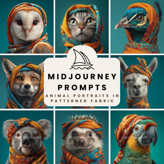 Animal Portraits in Colourful Scarves AI Art Prompts – Midjourney Pack with Images
