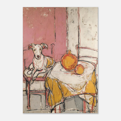 Whippet dog art print in A3 size, medium format showing full composition and warm colour palette.