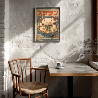 Vintage axolotl ramen poster displayed in minimalist cafe interior