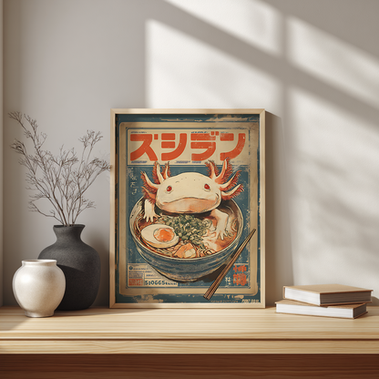 Vintage axolotl ramen poster above modern Scandinavian desk workspace