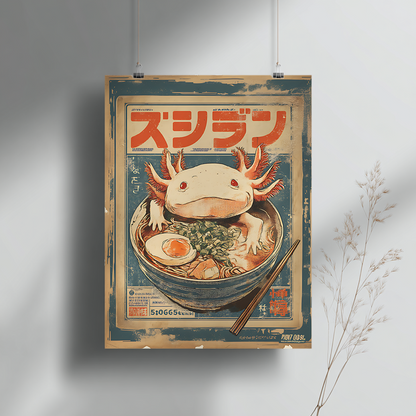 Vintage axolotl ramen poster displayed on grey wall in modern interior setting