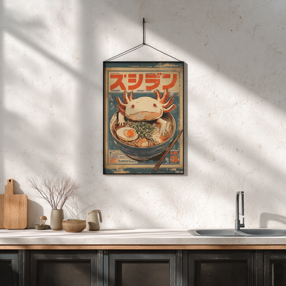 Vintage axolotl ramen poster displayed in modern kitchen setting