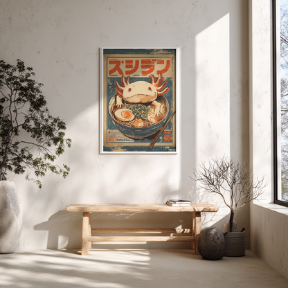 Vintage axolotl ramen poster in Scandinavian interior with wooden bench