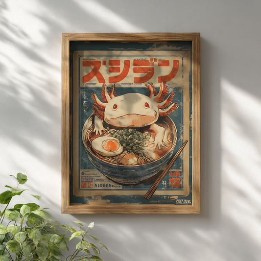 Framed vintage axolotl ramen poster in wooden frame hanging on white wall