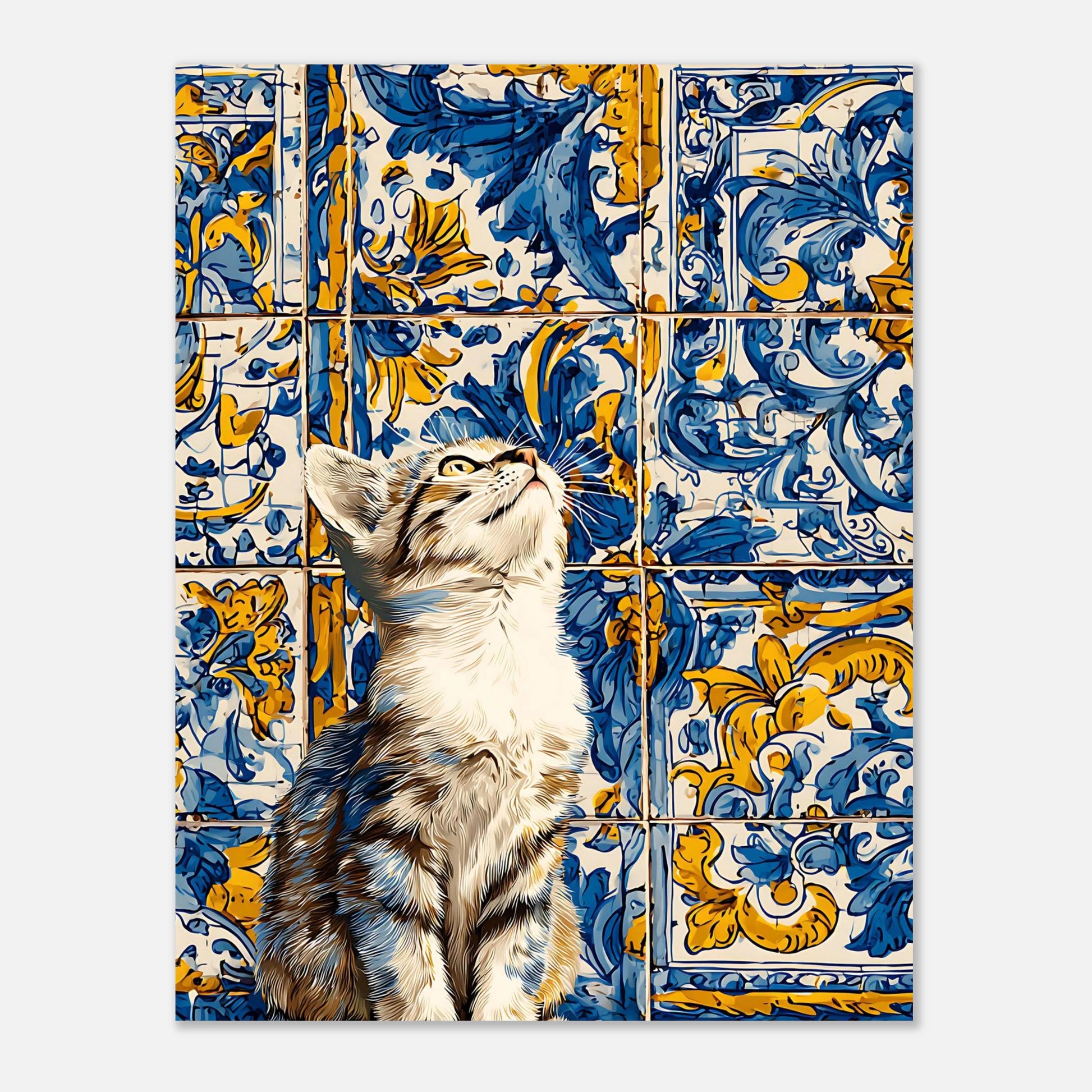 Azulejo cat tile poster 11x14 size, kitten wall art print with Mediterranean blue and yellow tile design