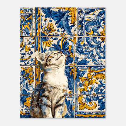 Azulejo cat tile poster 11x14 size, kitten wall art print with Mediterranean blue and yellow tile design
