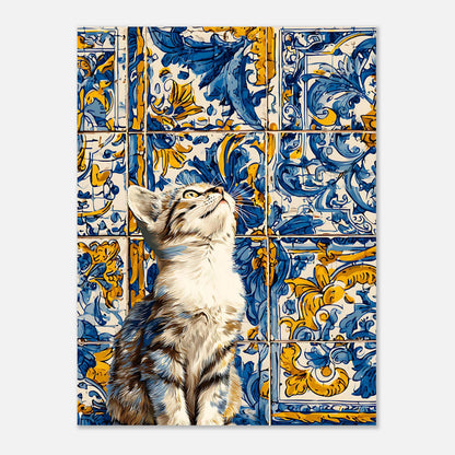 Azulejo cat tile poster 12x16 size, kitten wall art print, Mediterranean inspired tile artwork