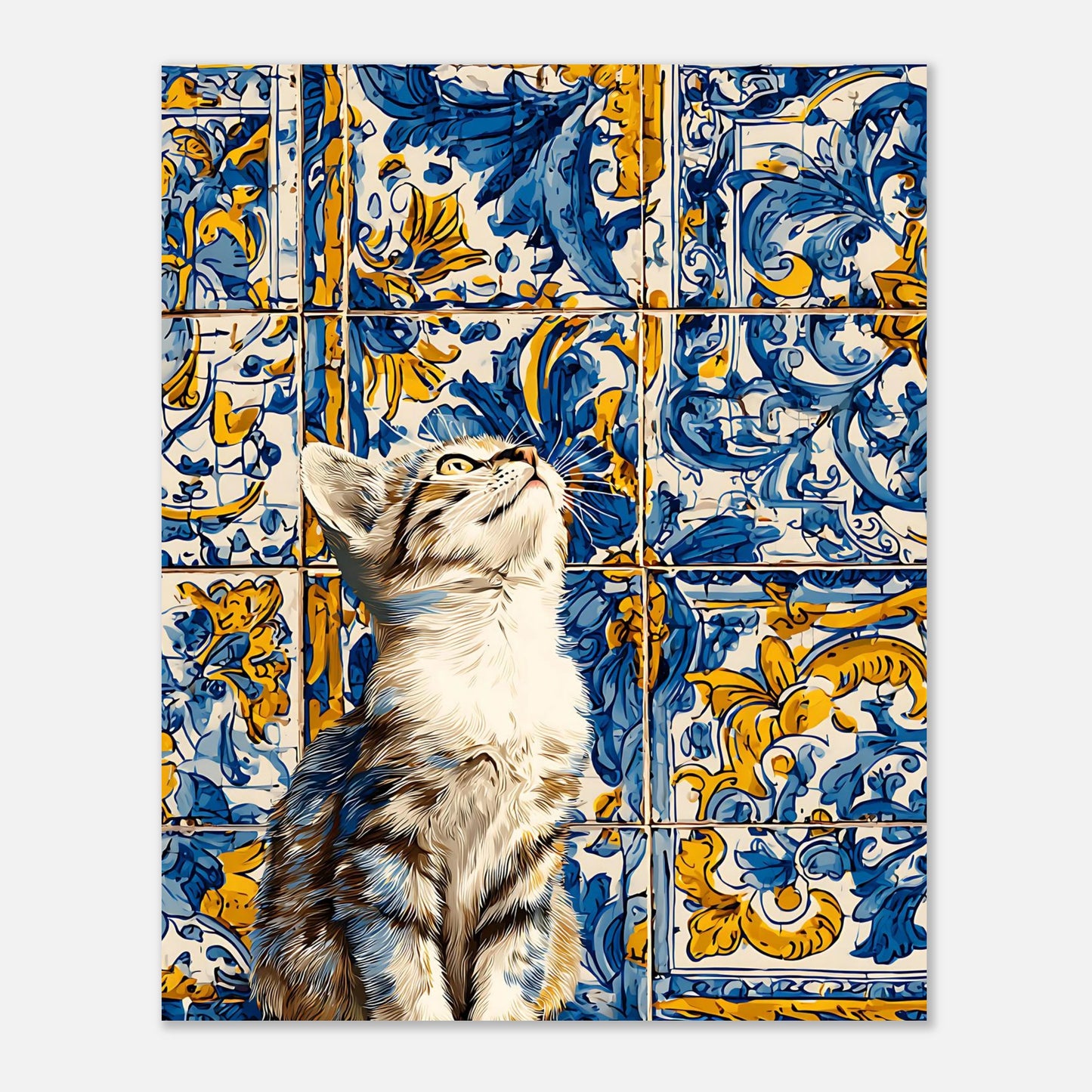 Azulejo cat tile poster 8x10 size, kitten wall art print with Mediterranean tile design, unframed wall decor