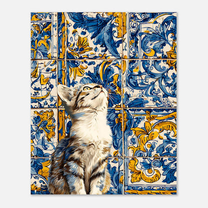 Azulejo cat tile poster 8x10 size, kitten wall art print with Mediterranean tile design, unframed wall decor