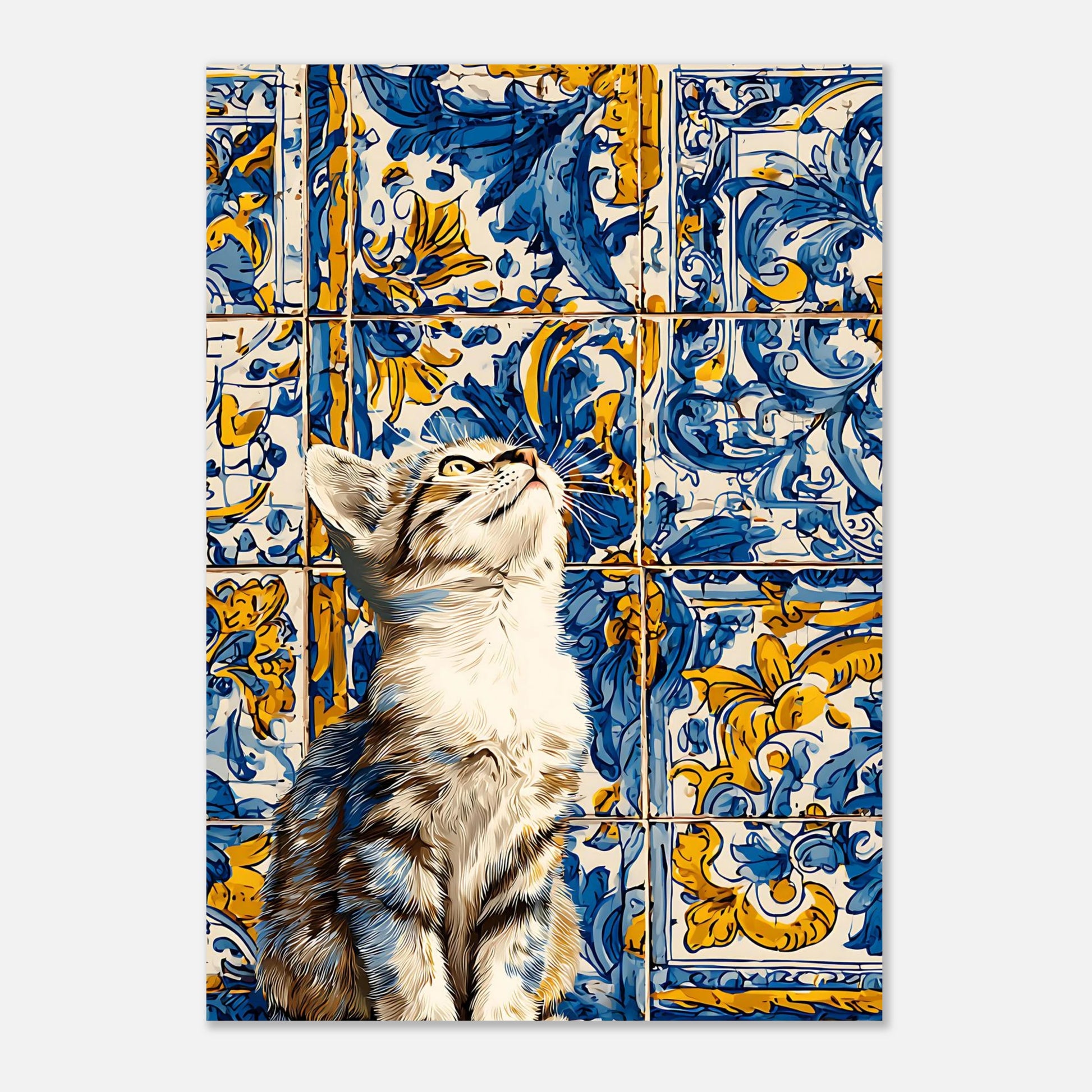 Azulejo cat tile poster A3 size, kitten wall art print, decorative blue and yellow tile design wall decor