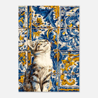 Azulejo cat tile poster A3 size, kitten wall art print, decorative blue and yellow tile design wall decor