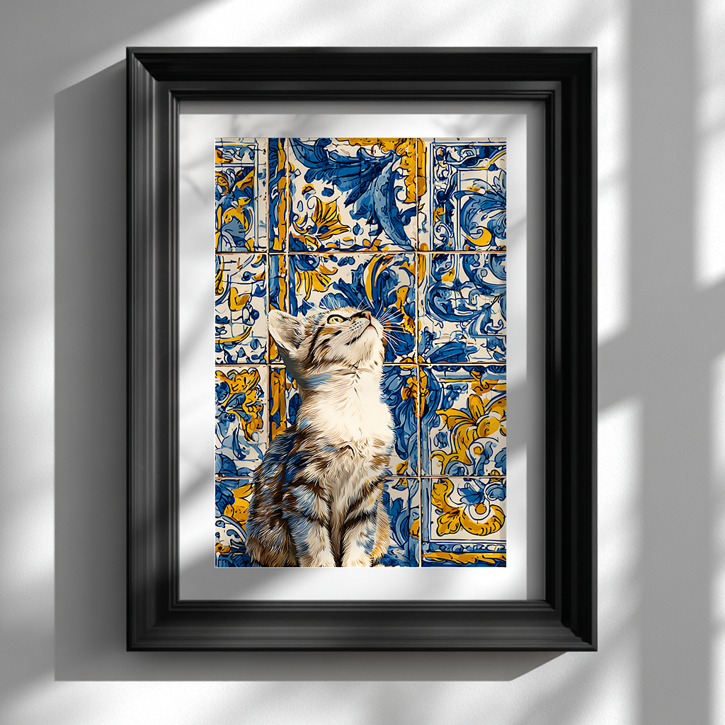 Azulejo cat tile poster in black frame on white wall, kitten wall art print, Mediterranean style home decor