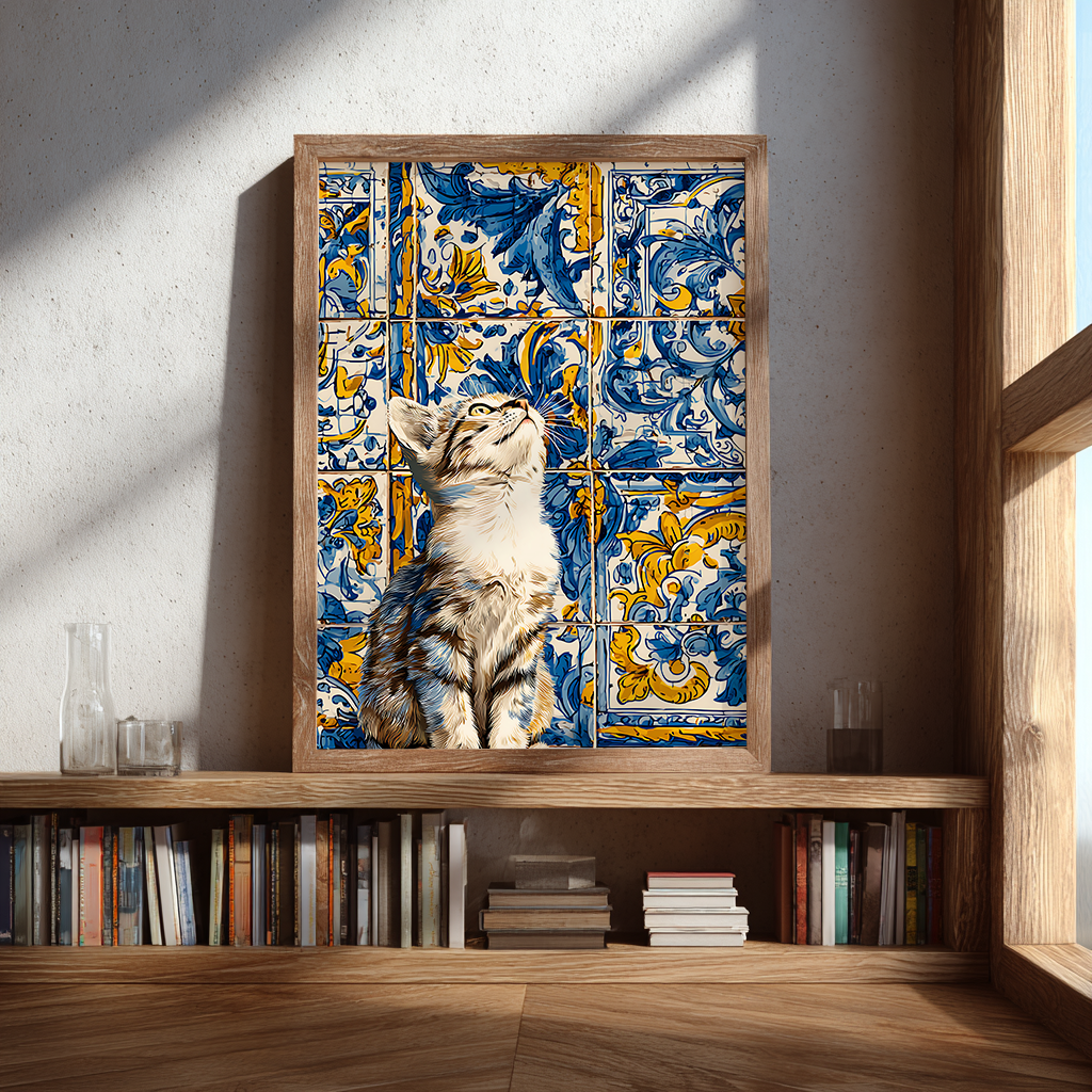 Azulejo cat tile poster styled on bookshelf, playful kitten print with blue and yellow tile design, cosy wall decor