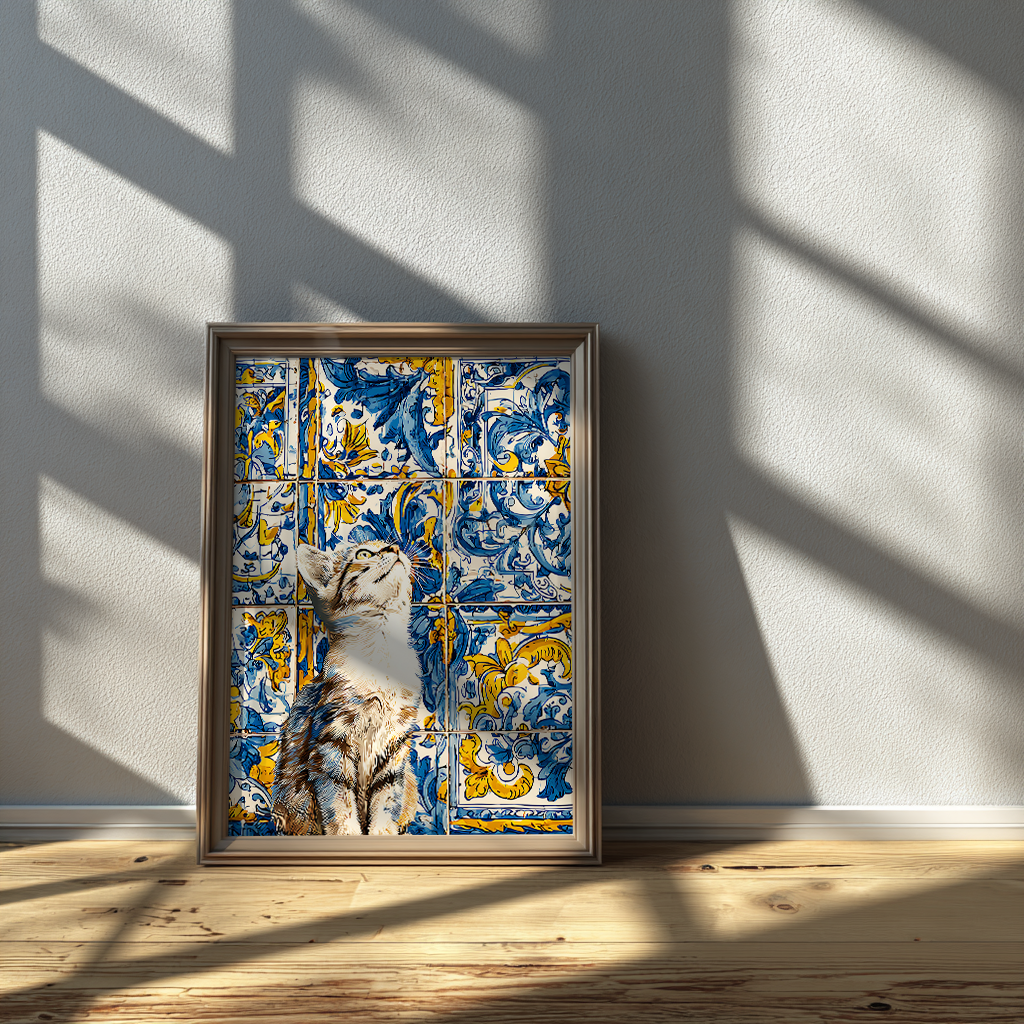 Azulejo cat tile poster in glass frame, modern kitten wall art print with Mediterranean inspired tiles