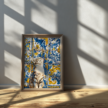 Azulejo cat tile poster in glass frame, modern kitten wall art print with Mediterranean inspired tiles