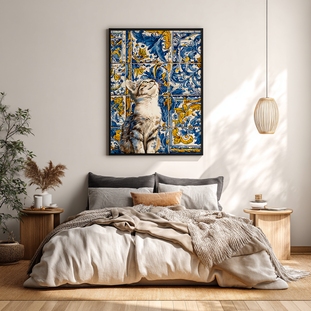 Azulejo cat tile poster in minimalist bedroom decor, kitten wall print with Mediterranean tile design